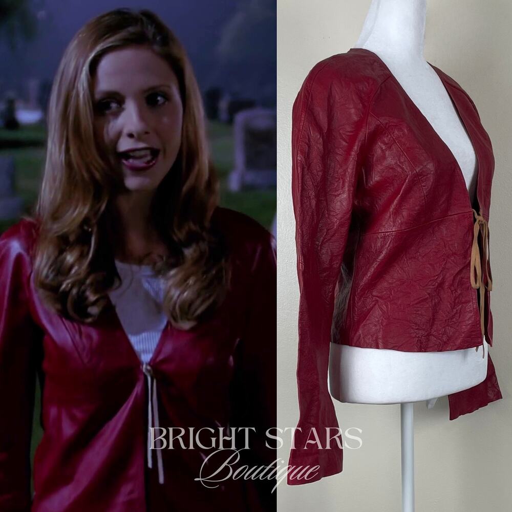 Rare Red Leather Jacket ASO Buffy the Vampire Slayer Tie Front Vintage Y2K - Picture 4 of 12